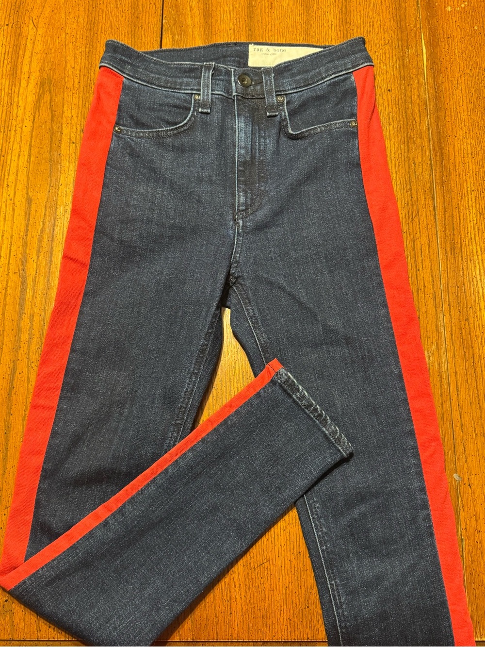 rag & bone Dark Blue Slim Jeans with Red Side Stripes